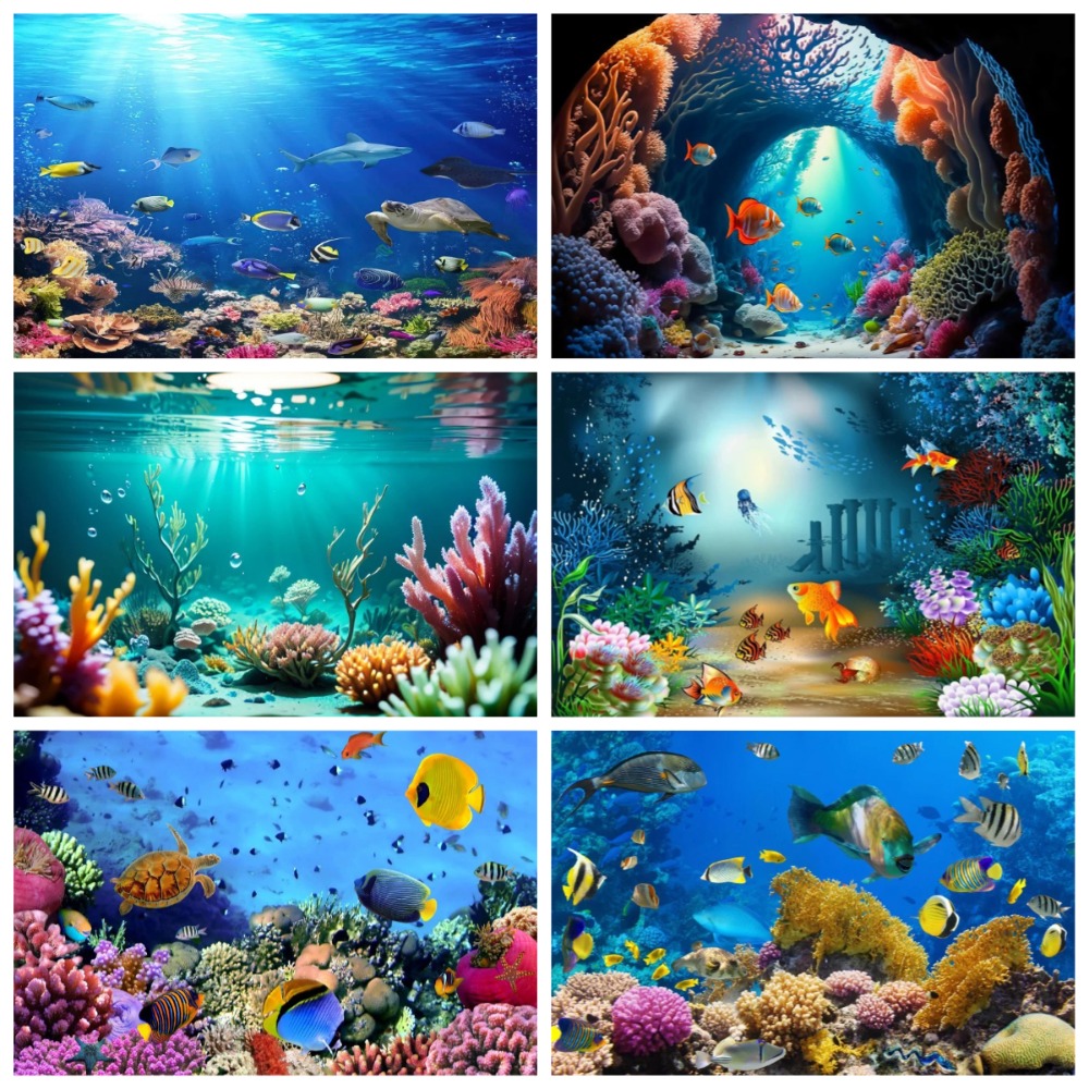 Aquarium Fish Of The World - 水中世界の魚とサンゴの水槽をテーマにした写真撮影用背景幕、子供の誕生日パーティー、家の装飾用写真撮影用背景幕
